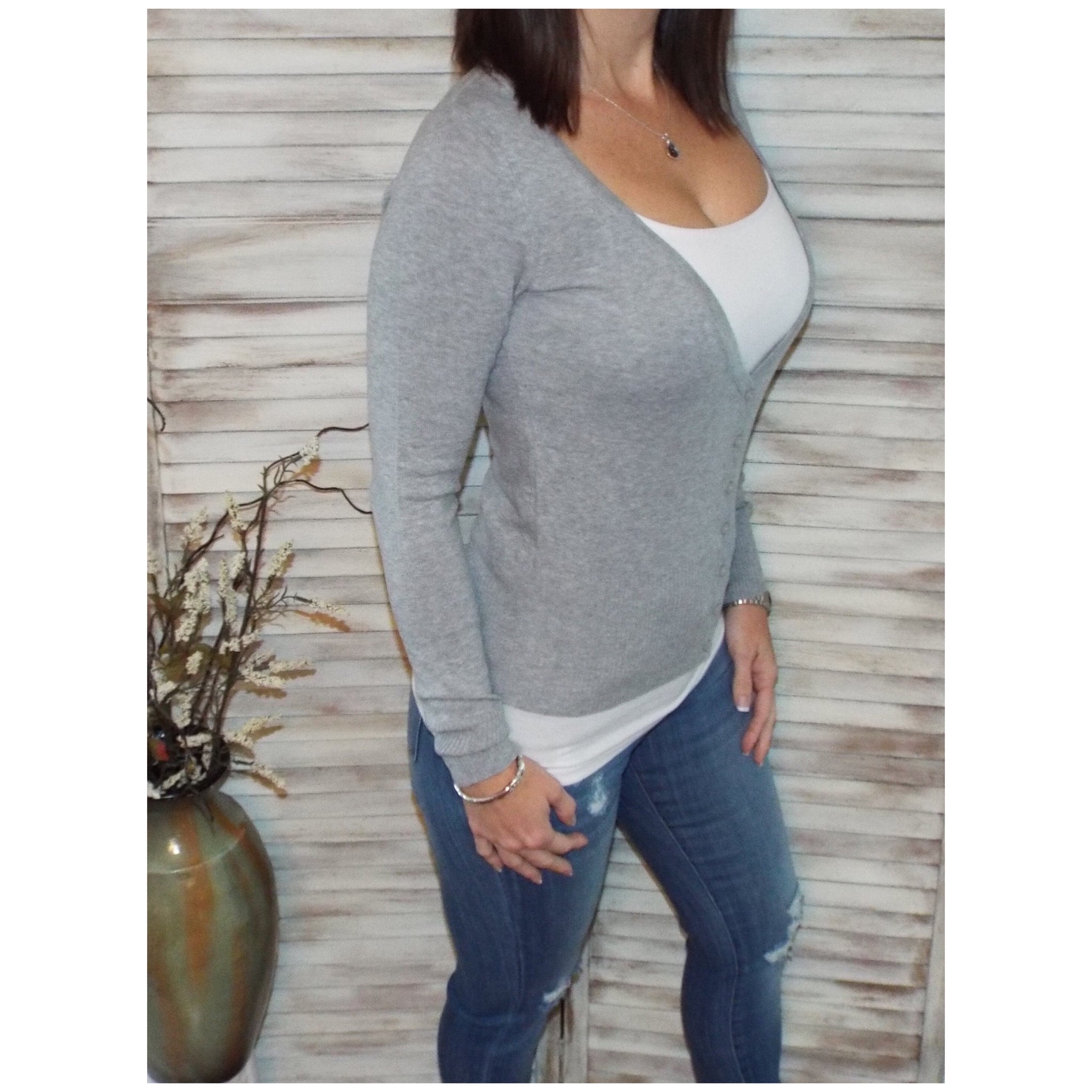Sexy Preppy Cropped Cleavage Button Up Cardigan Long Sleeve Sweater Gray