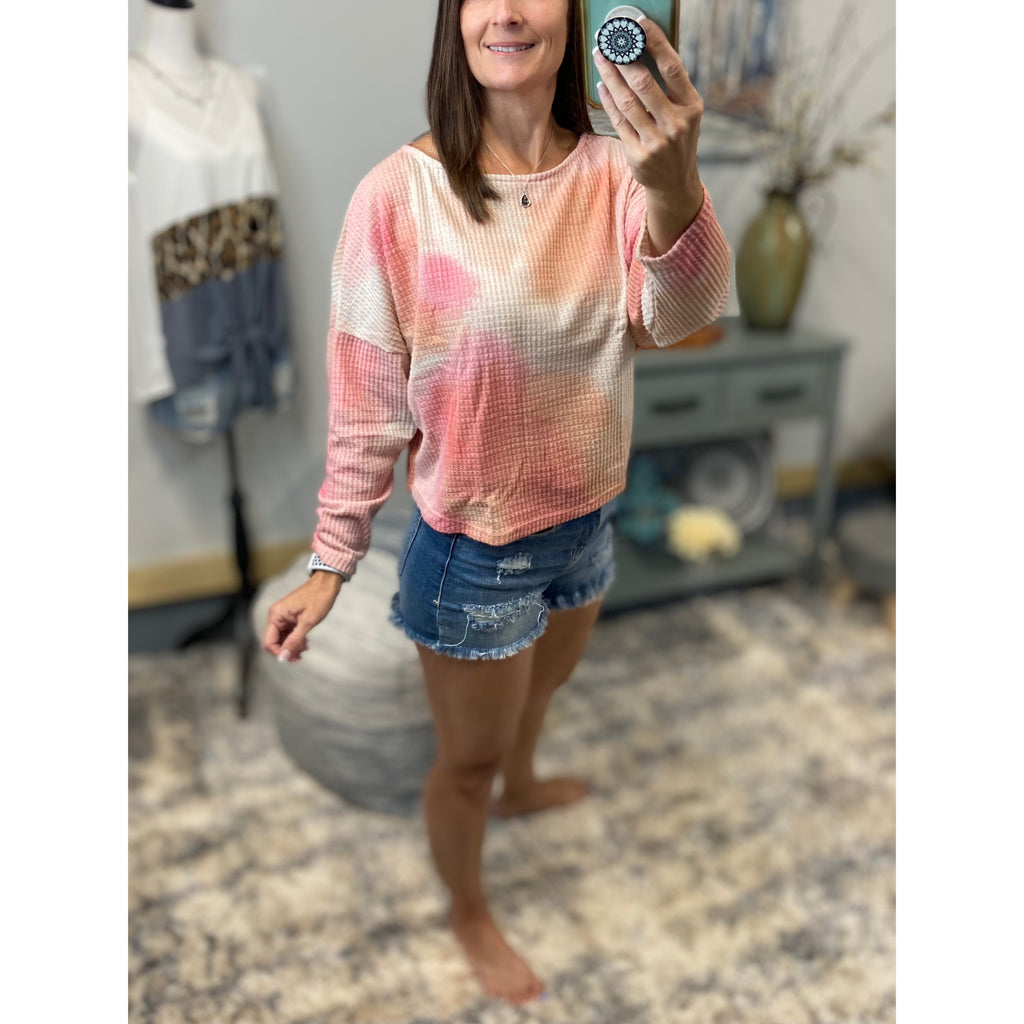 "Can't Stop Me Now" Multi Tie Dye Waffle Thermal Wide Neck Pull Over Long Sleeve Top Pink