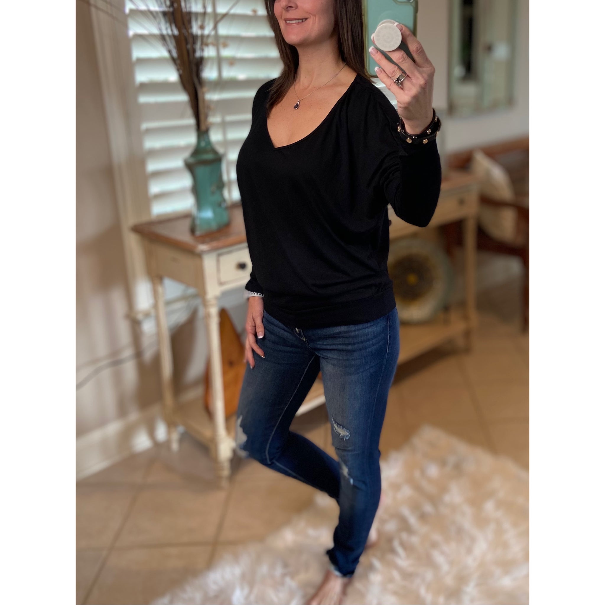 Dolman Open Neck Batwing Blouse Shirred Long Sleeve Top Shirt Black S/M/L