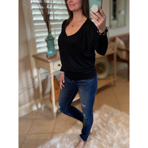 Dolman Open Neck Batwing Blouse Shirred Long Sleeve Top Shirt Black S/M/L