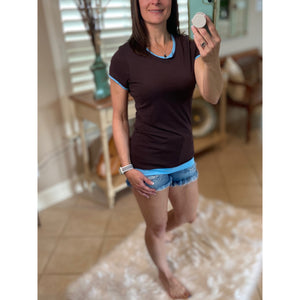 Very Sexy Crew Neck Baby Slimming Sheer Top T-Shirt Brown Blue Trim S/M/L/XL/XXL