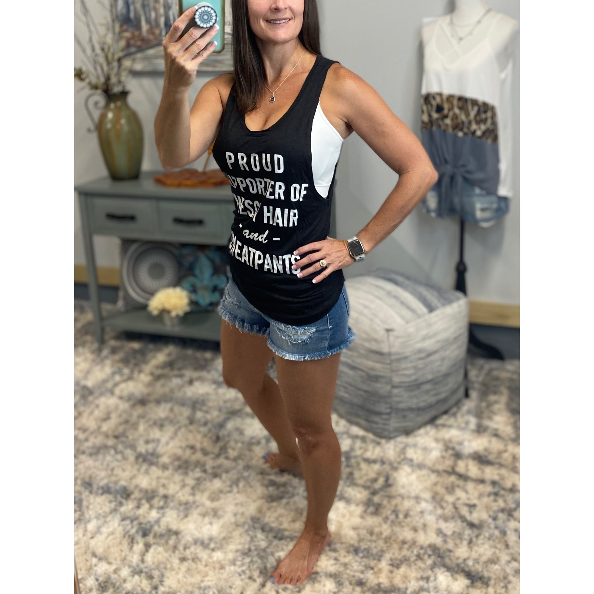 Proud Supporter Of Messy Hair And Sweatpants Boho Armhole Tank Top Black S/M/L