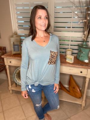 V-Neck Floaty Animal Print Leopard Pocket Long Sleeve Blue S/M/L/XL