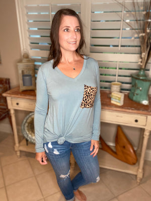 V Neck Floaty Leopard Animal Print Pocket Long Sleeve Floaty Loose Blue