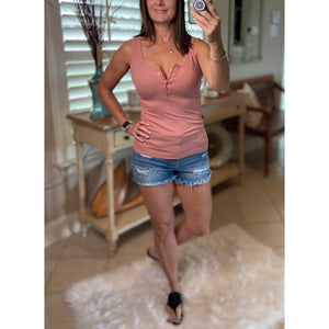 “Let The Sun Shine” Ribbed Henley Low Cut Boy Beater Cleavage Fitted Tank Top Pink