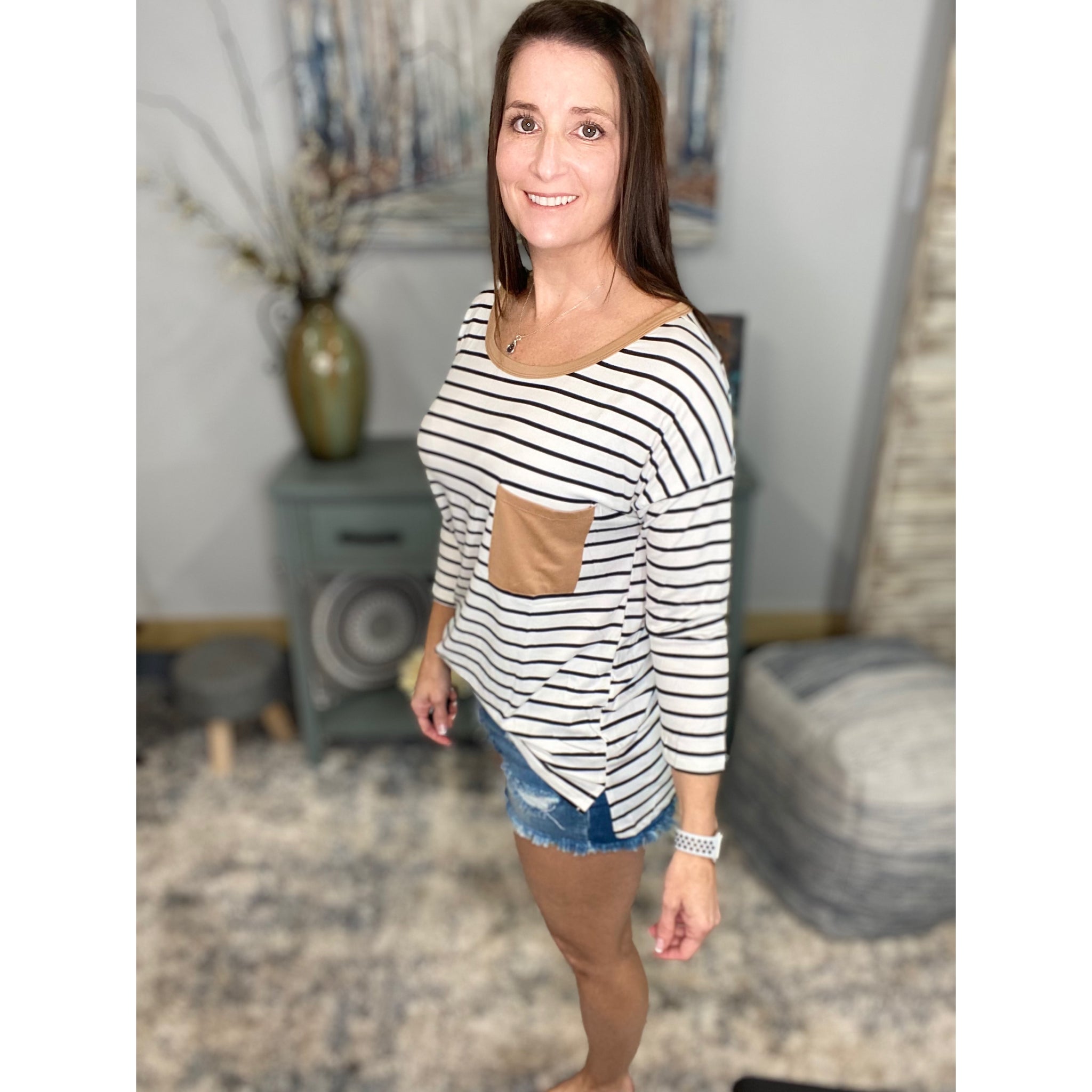 “That Smiling Face” Sporty Striped Contrast Trim Pocket Long Sleeve Round Neck Jersey Stretch Shirt White Black
