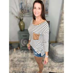 “That Smiling Face” Sporty Striped Contrast Trim Pocket Long Sleeve Round Neck Jersey Stretch Shirt White Black