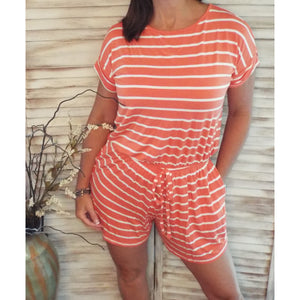 Striped Scoop Neck Short Cuff Sleeve Romper Shorts Pocket Orange