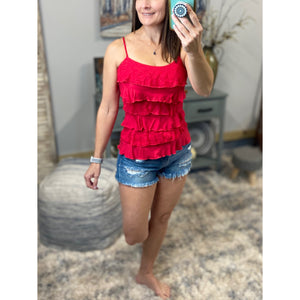 Tiered Ruffle Lace Scoop Neck Low Cut Cleavage Tank Cami Top Red 1X/2X/3X