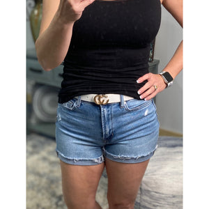 “I’m Torn” Distressed Denim Medium Faded Jean Shorts Pockets Cuff Zip Up Blue