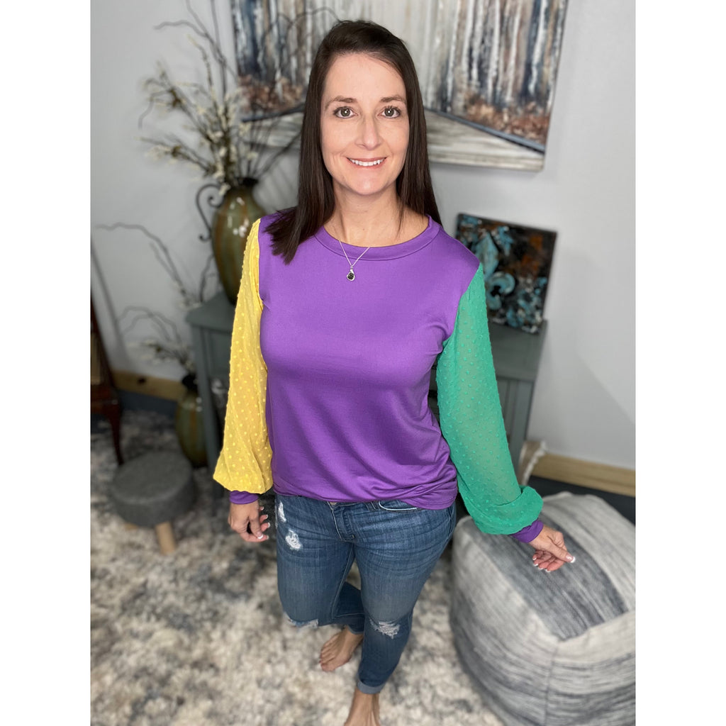 "They All Asked For You" Mardi Gras Color Block Swiss Dot Balloon Sleeves Round Neck Shirt Purple Green & Gold