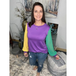 "They All Asked For You" Mardi Gras Color Block Swiss Dot Balloon Sleeves Round Neck Shirt Purple Green & Gold