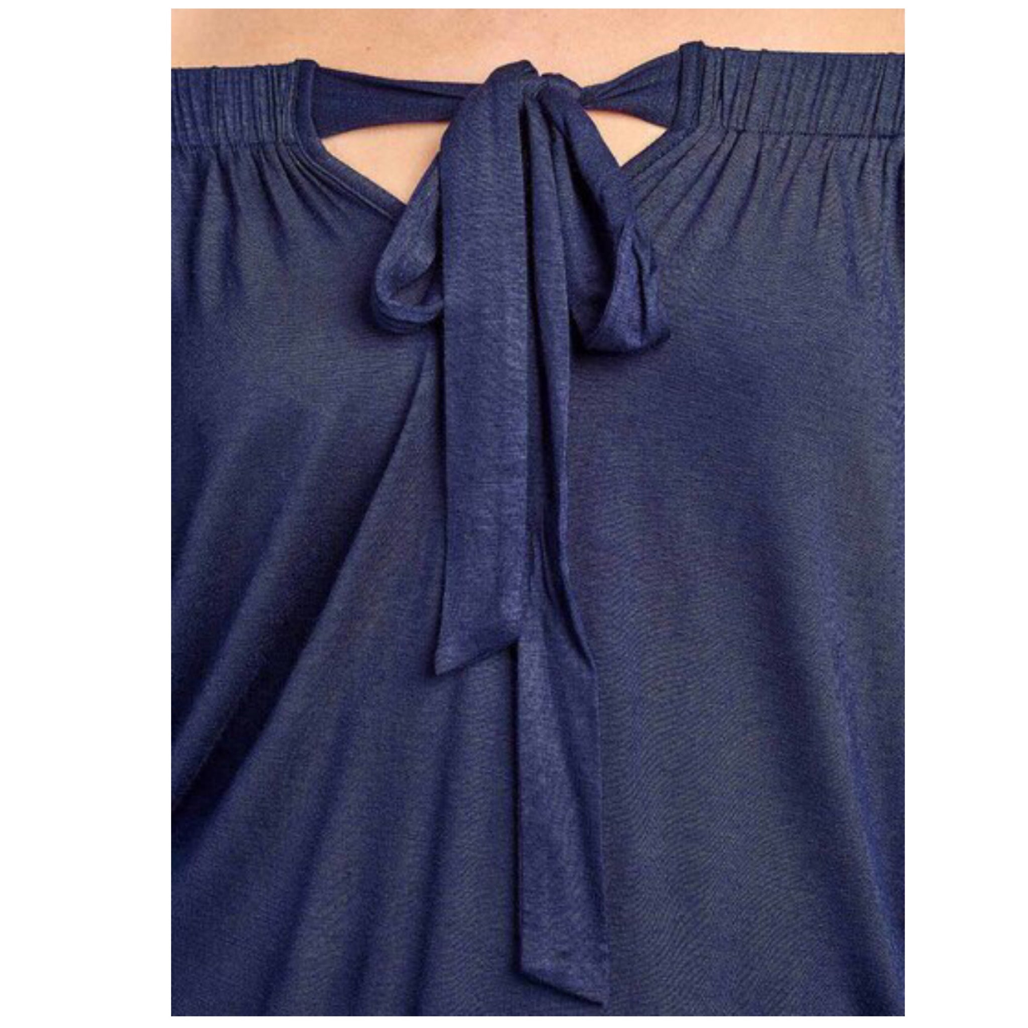 "Pricilla" Off Shoulder Floaty 3/4 Sleeve Tie Bow Blouse Shirt Top Navy S/M/L