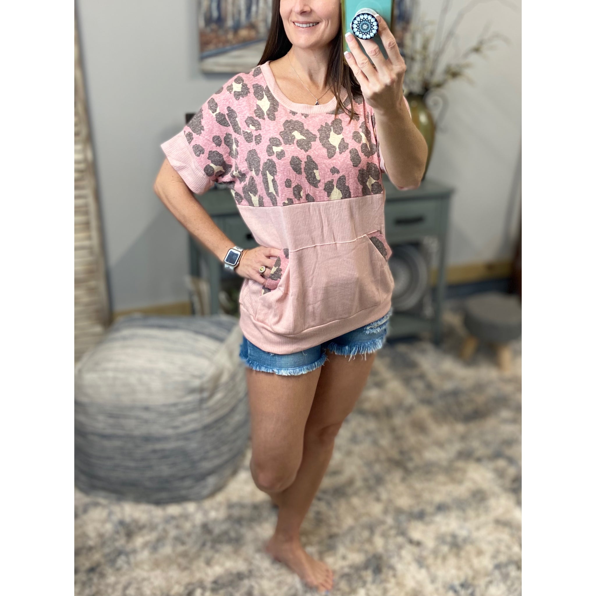 "I'm Making Moves" Leopard Color Block Scoop Neck Ribbed Kangaroo Pocket Pink S/M/L/XL