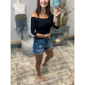 Sexy Off Shoulder Sporty Contrast Striped Tie Sleeve Semi Cropped Top Black