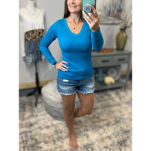 Very Sexy Deep V-Neck Cleavage Thermal Waffle Slimming Shirt Top Teal S/M/L