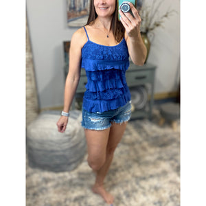 Tiered Ruffle Lace Scoop Neck Low Cut Cleavage Tank Cami Top Blue S/M/L