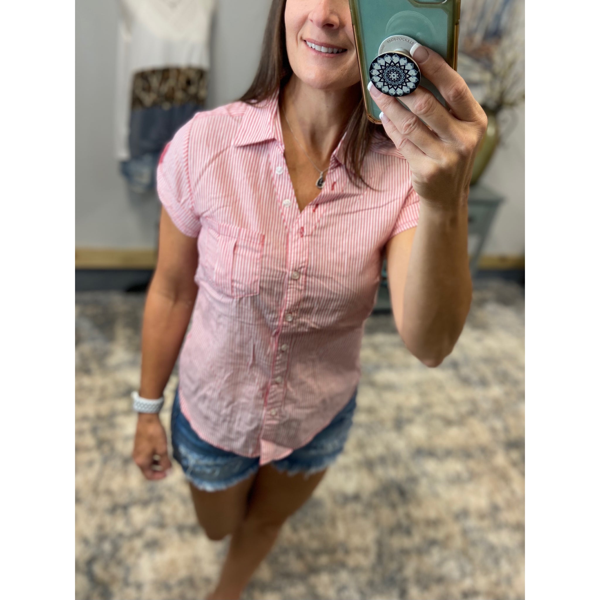“Never Too Much” Striped V Neck Preppy Country Collar Pocket Button Up Short Tab Sleeve Red