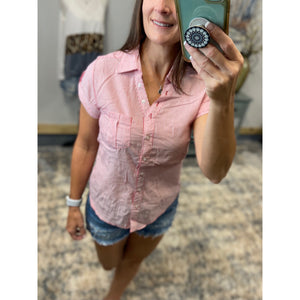 “Never Too Much” Striped V Neck Preppy Country Collar Pocket Button Up Short Tab Sleeve Red