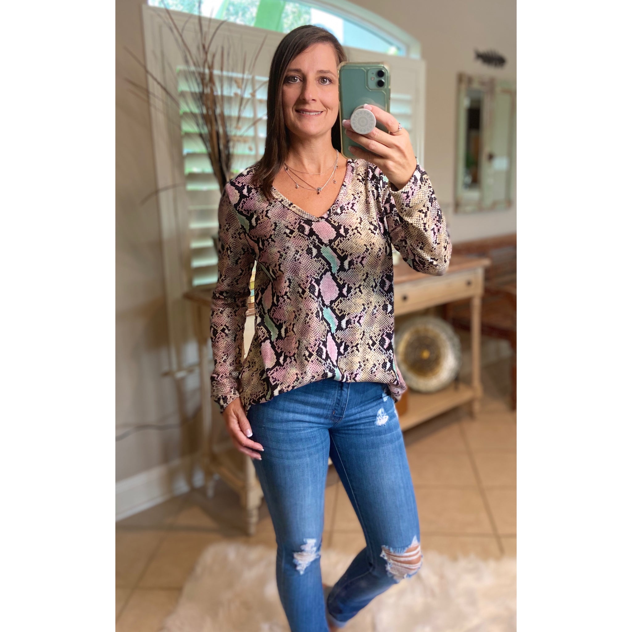 “Night Out With the Girls” Snakeskin Print Deep V Neck Long Sleeve Pink Multi