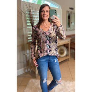 “Night Out With the Girls” Snakeskin Print Deep V Neck Long Sleeve Pink Multi