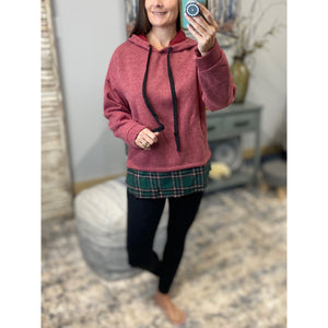 “Free To Choose” French Terry Drawstring Hoodie Contrast Plaid Bottom Pink Green