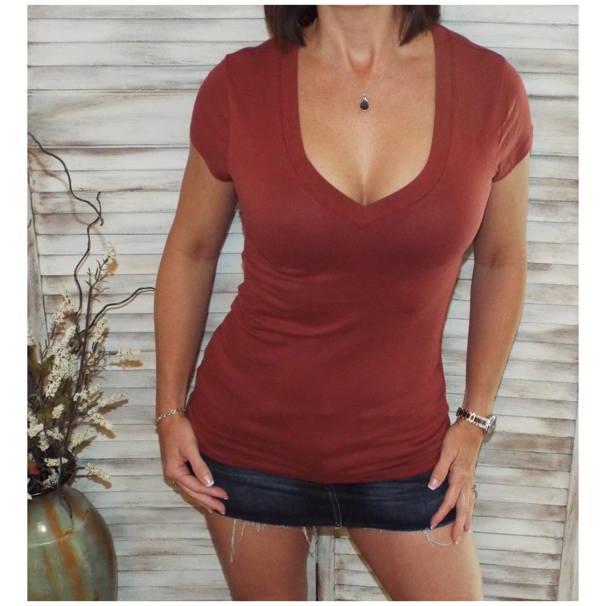 "Basic Babe" Low Cut V Neck Cleavage Baby Slimming Basic Tee Shirt Dark Rust