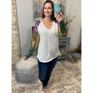 “Let The Good Times Roll” Mardi Gras Sequined Color Block Sleeves French Terry Purple Green & Gold Ivory S/M/L/XL