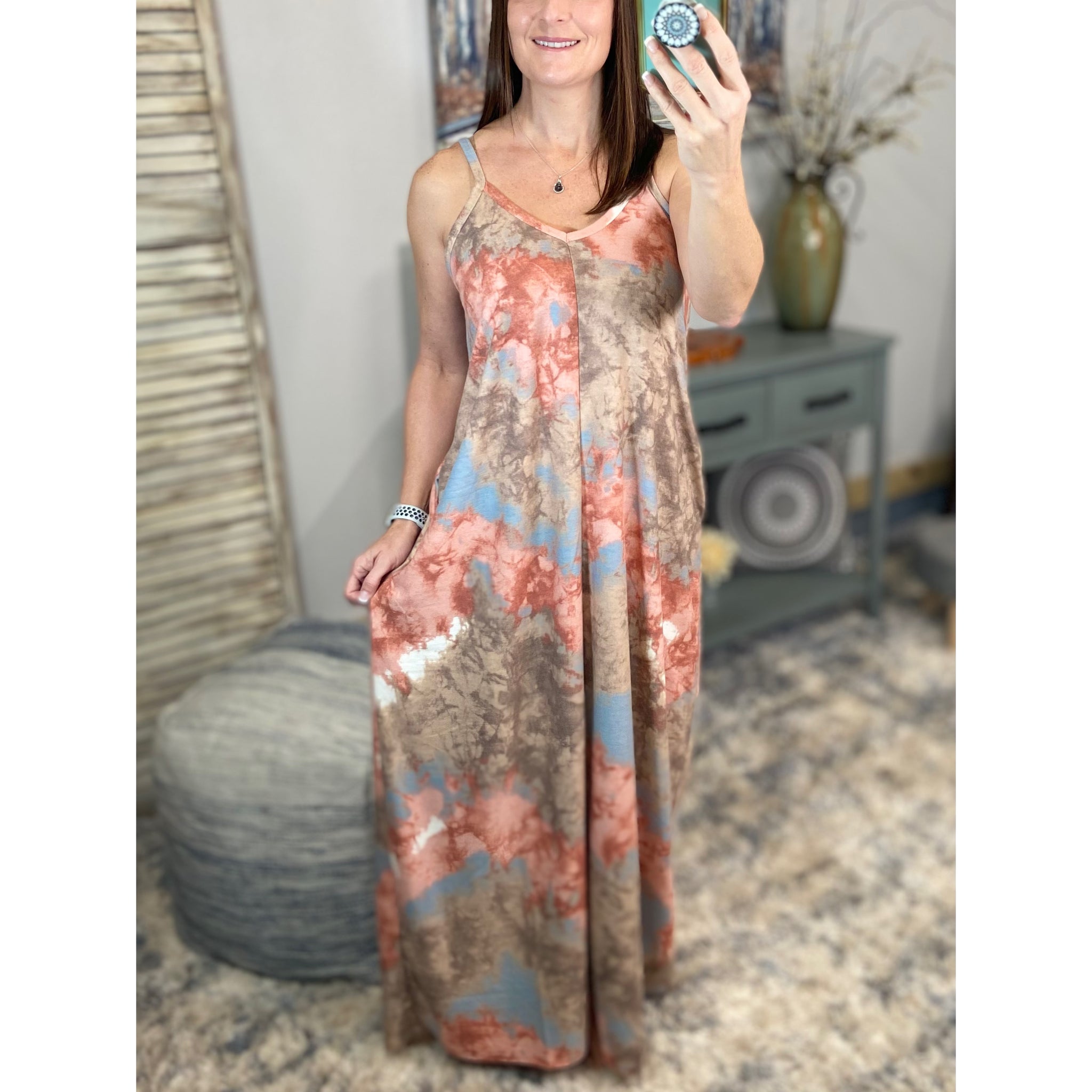 “In The Springtime” Maxi Dress Tie Dye French Terry V Neck Cami Tank Long Tube Pocket Summer Peach Blue