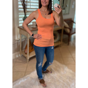 “Can’t Touch This” Ribbed Low Scoop Neck Boy Beater Cleavage Fitted Sleeveless Tank Top Neon Orange