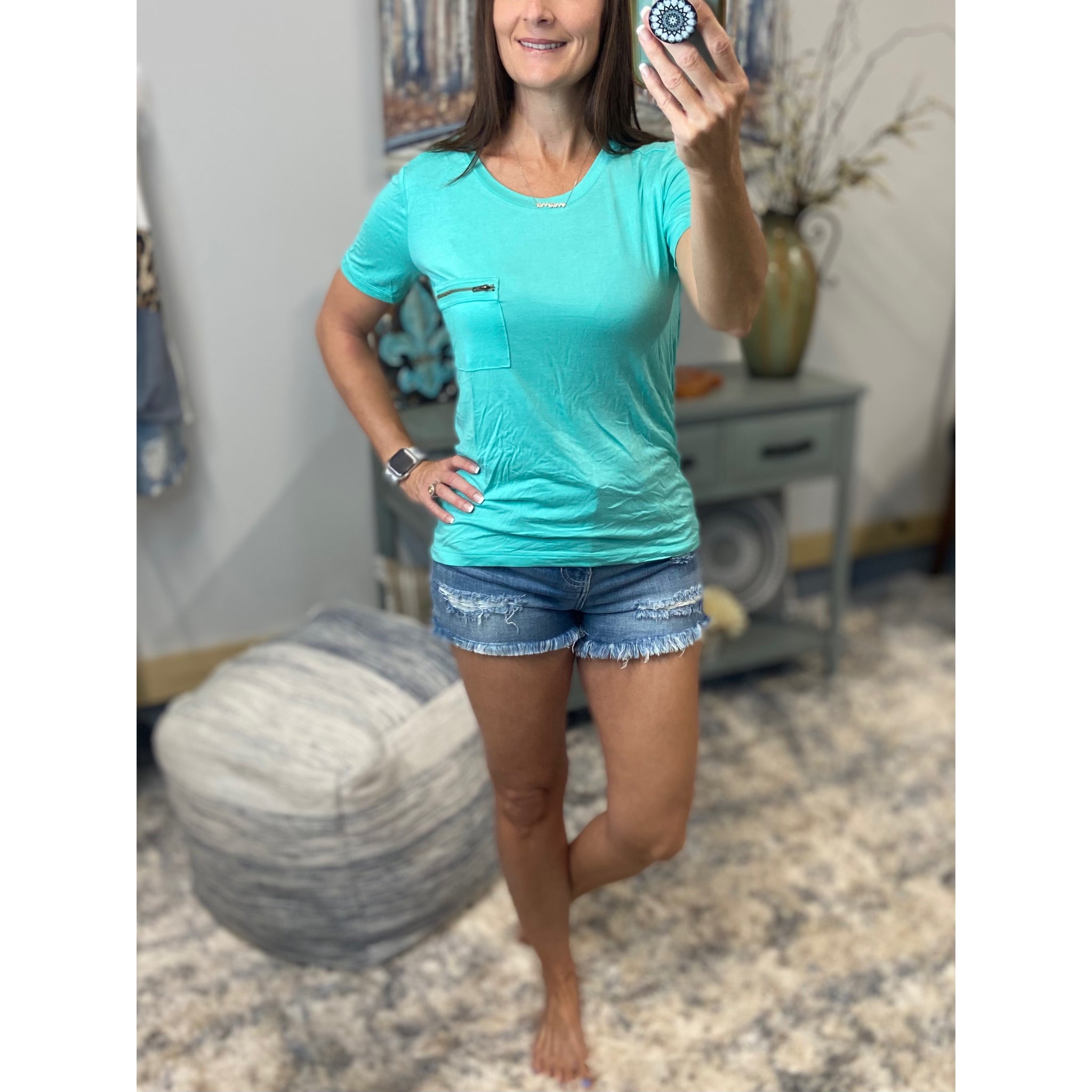 Sexy Scoop Neck Floaty Boyfriend Tee Zipper Pocket Top Green S/M/L