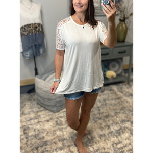 "All About The Lace" Lace Short Sleeve Scoop Neck Hi Lo Bottom Dressy Ivory