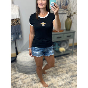 New Orleans Saints Fleur de Lis Embroidery Crew Neck Baby Slimming Soft Top Tee Black Ivory Contrast Trim