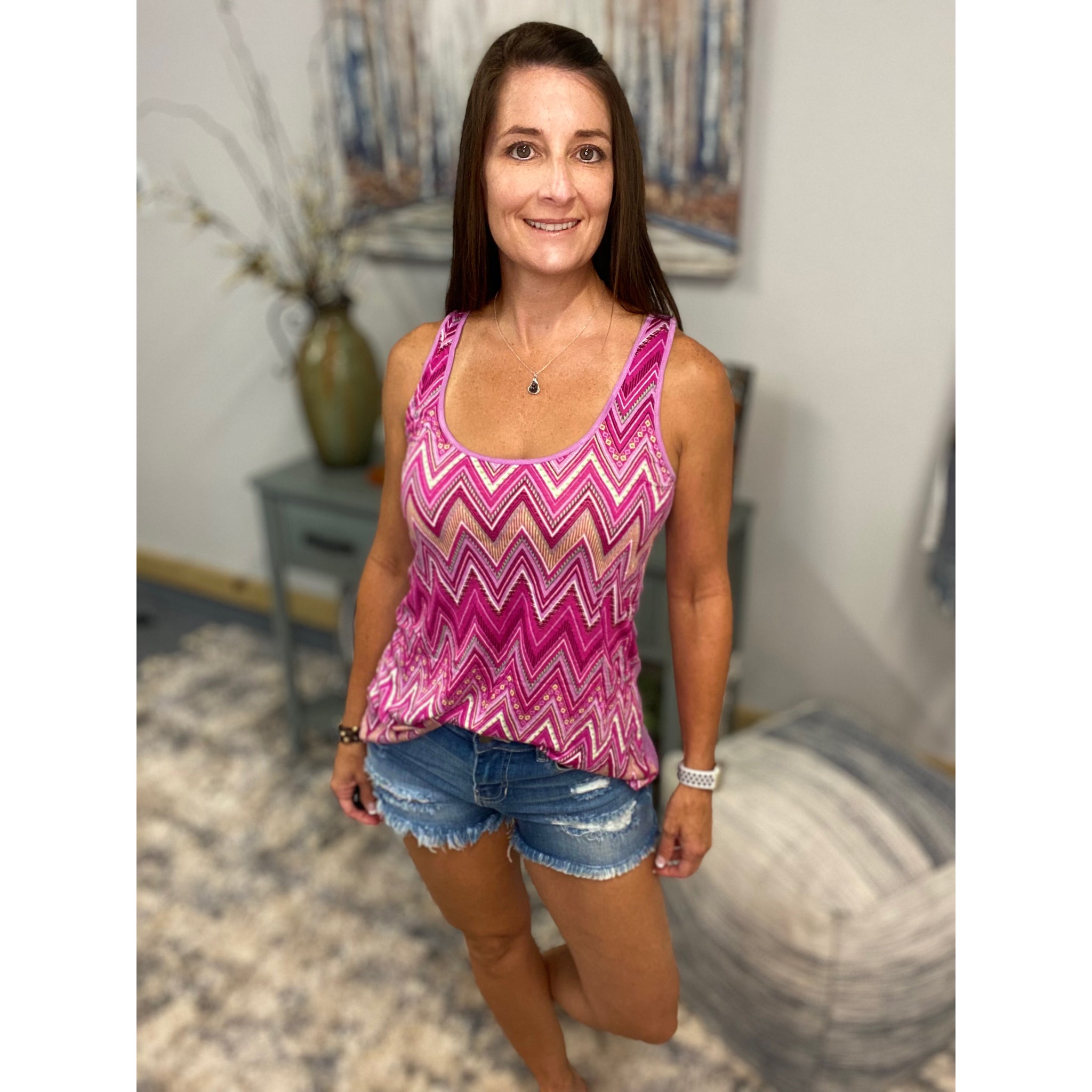 "Crushing It" Chevron Striped Low Cut Summer Racerback Floaty Tank Top Tunic Purple S/M/L