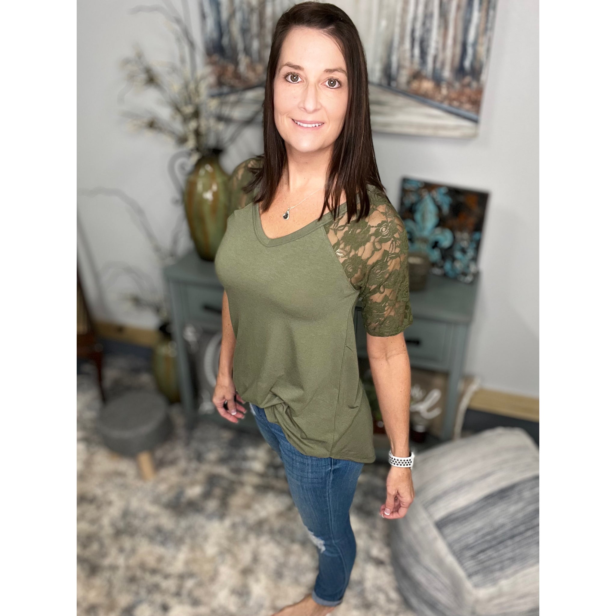 "All About The Lace" Lace Short Sleeve V Neck Rounded Bottom Dressy Floaty Girly Olive Green