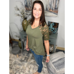 "All About The Lace" Lace Short Sleeve V Neck Rounded Bottom Dressy Floaty Girly Olive Green