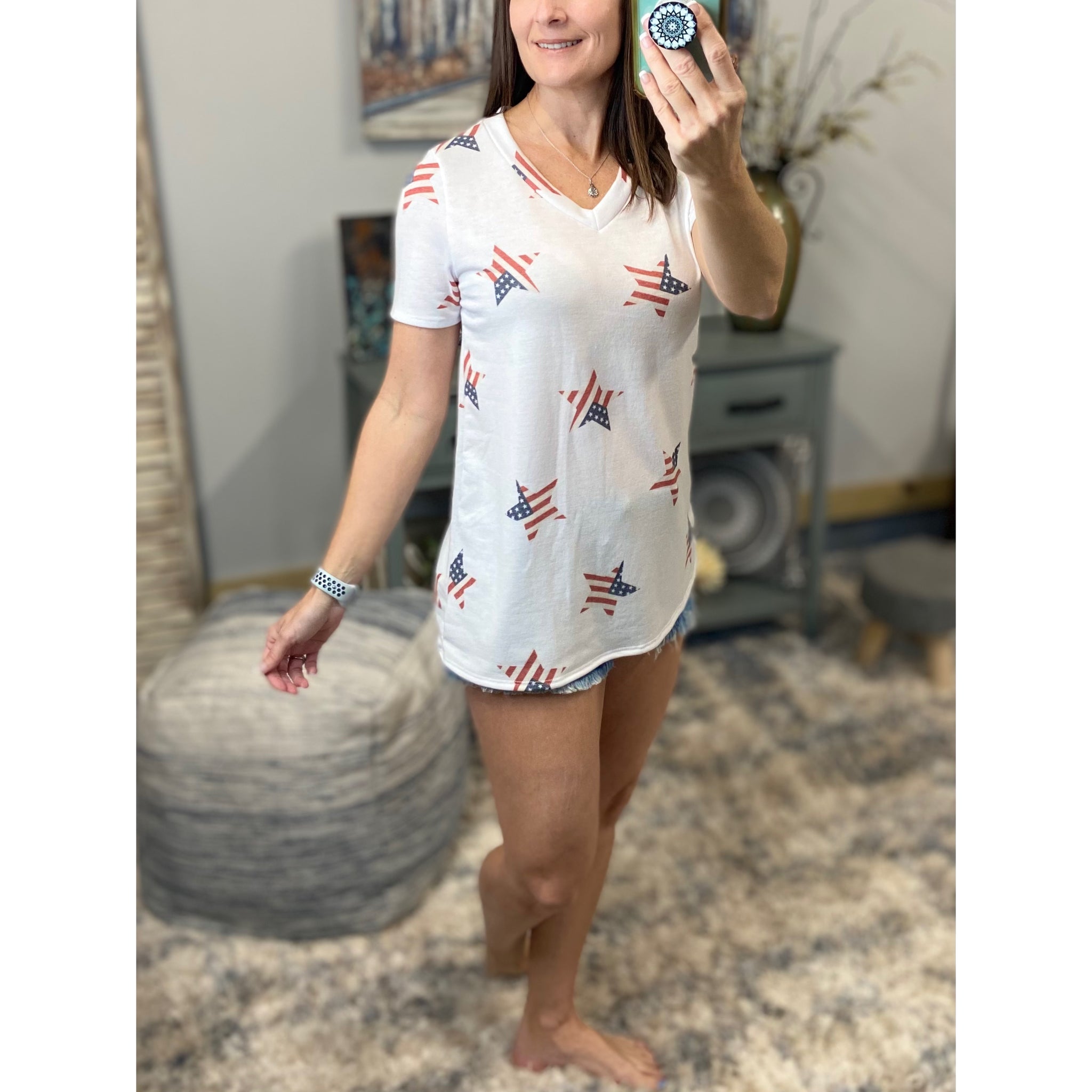 "All American Girl" Stars and Stripes 4th of July Star Print V-Neck Red White Blue S/M/L/XL