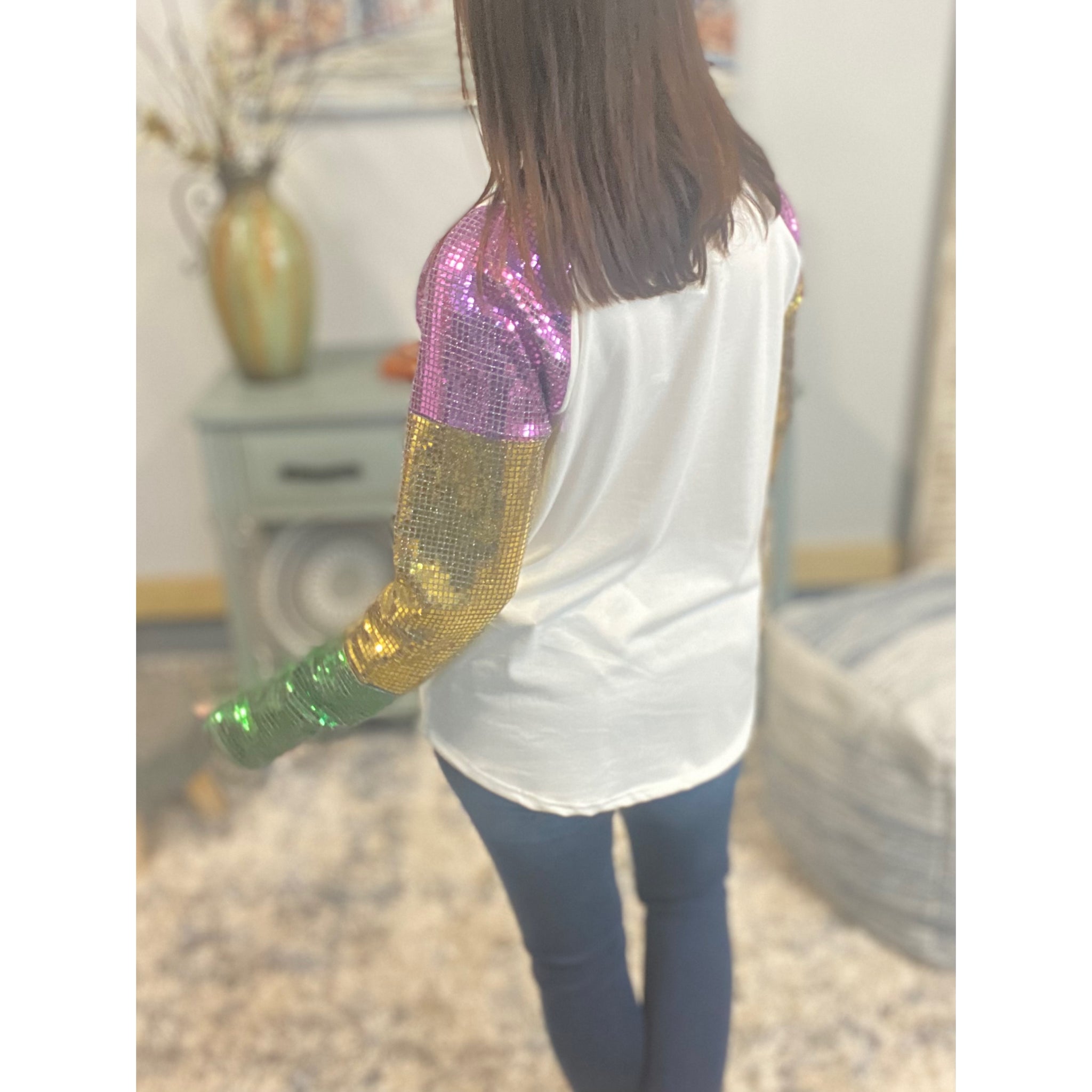 “Let The Good Times Roll” Mardi Gras Sequined Color Block Sleeves French Terry Purple Green & Gold Ivory S/M/L/XL