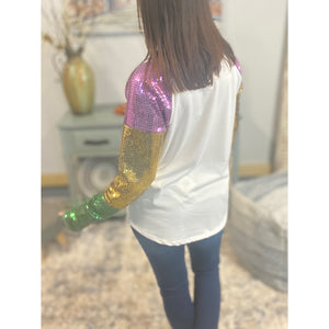 “Let The Good Times Roll” Mardi Gras Sequined Color Block Sleeves French Terry Purple Green & Gold Ivory S/M/L/XL