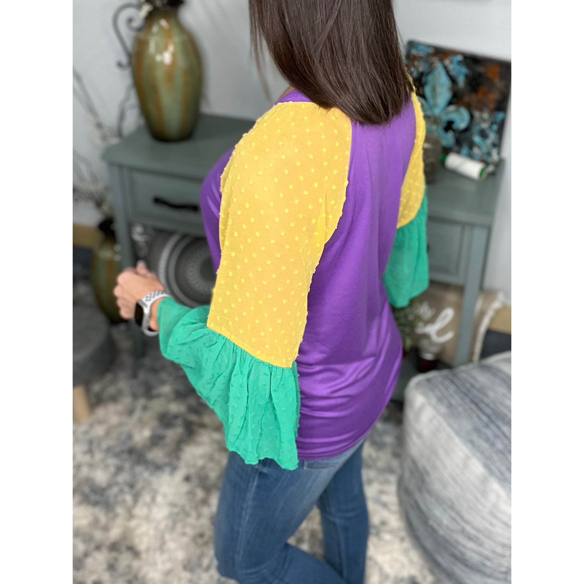 "Beads or Bust" Mardi Gras Color Block Swiss Dot Flutter Bell Sleeves V Neck Tie Bottom Shirt Purple Green & Gold