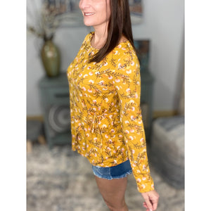 "Wrap Me In Love" Floral One Side Faux Wrap Tie Long Sleeve Top Yellow S/M/L/XL