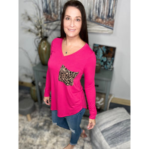 “Blind Faith“ V Neck Soft Jersey Knit Floaty Animal Print Leopard Pocket Long Sleeve Hot Pink