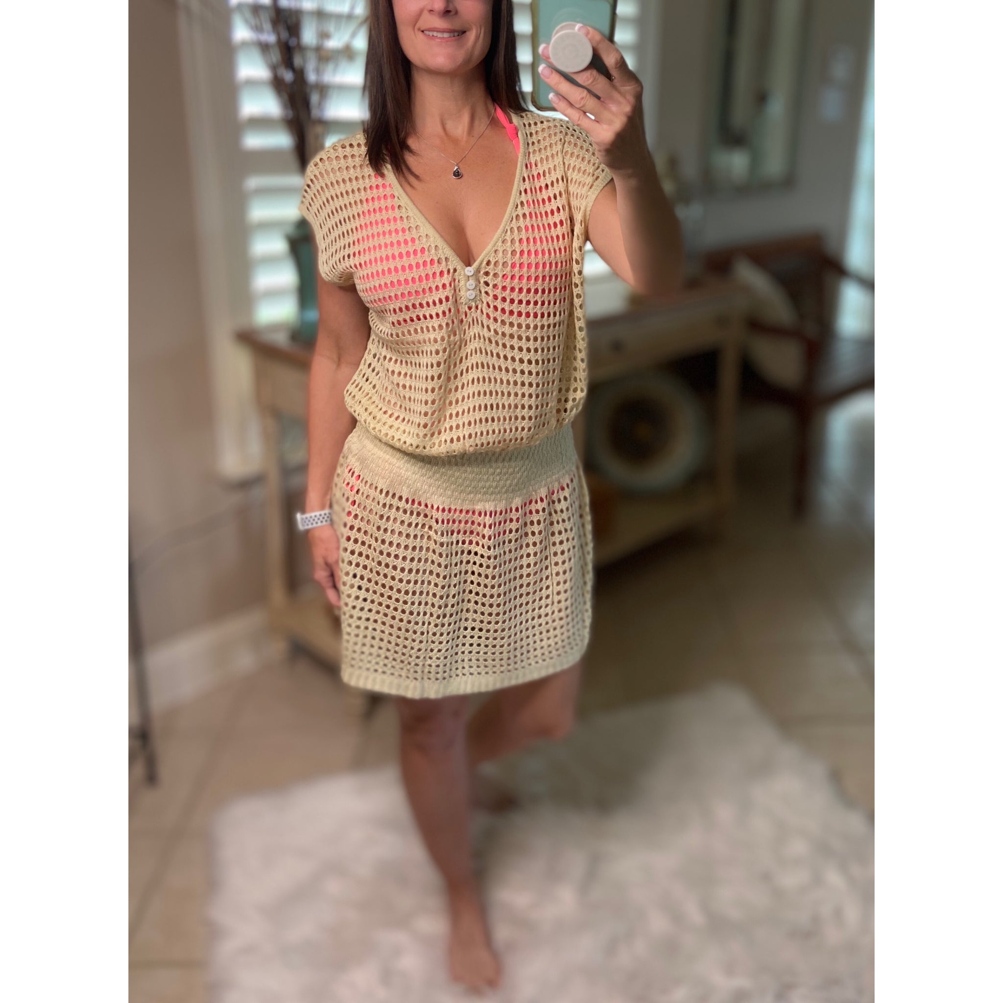 “Ocean Eyes” Crochet Mesh V Neck Mini Beach Swimsuit Cover Up Beach Pool Beige One Size