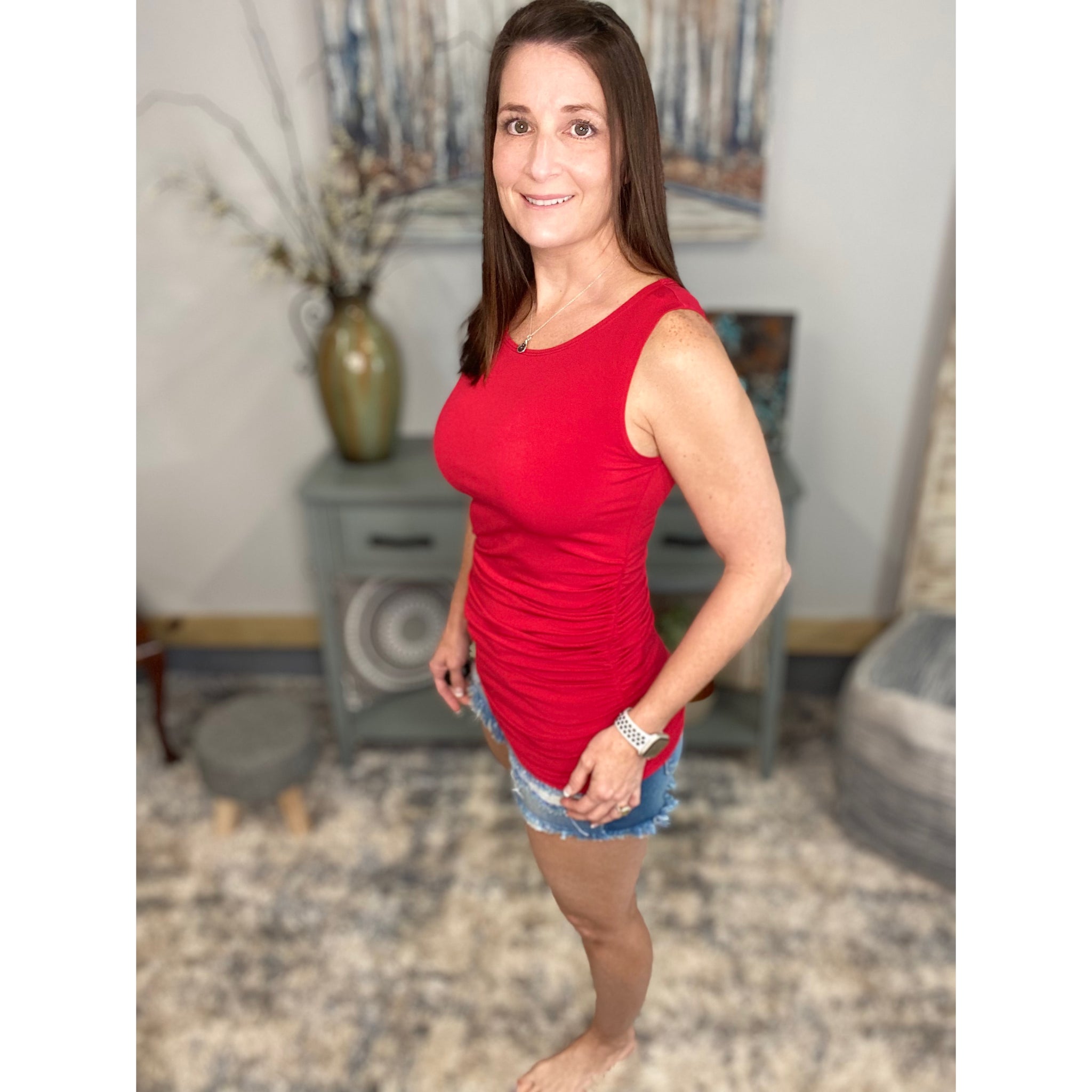"All Summer Long" Scoop Neck Ruched Gathered Sides Sleeveless Summer Top Red S/M/L/XL