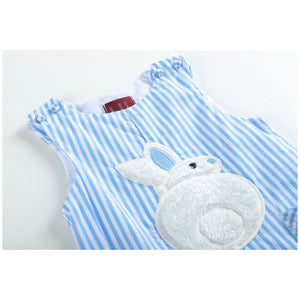 Fuzzy Easter Bunny Striped Gingham Pockets Embroidery Blue Jon Jon Romper