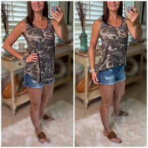 "Hot in Here" Sexy Camouflage Floaty Scoop Neck Sleeveless Summer Tank Top Beach Army Green