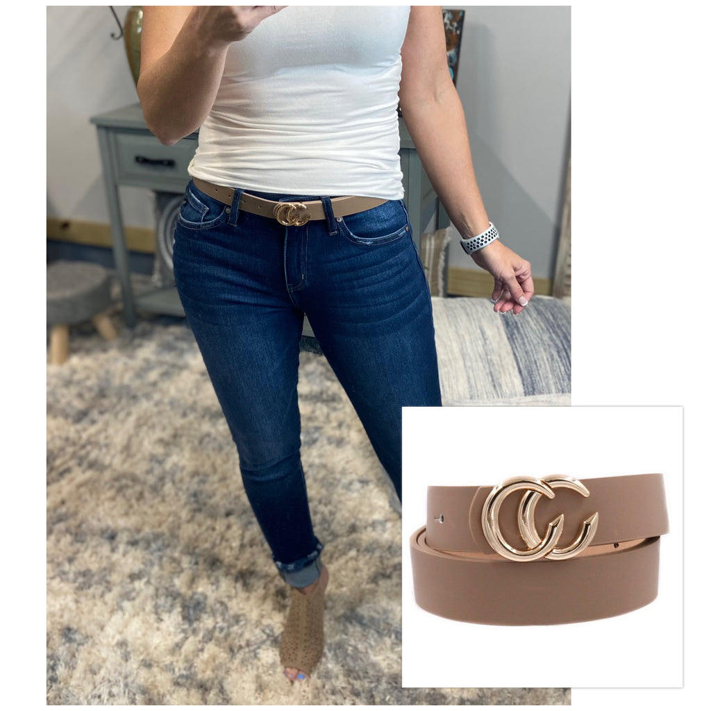 Double C Metal Buckle Faux Leather Belt Adjustable Taupe Gold