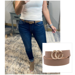 Double C Metal Buckle Faux Leather Belt Taupe Gold