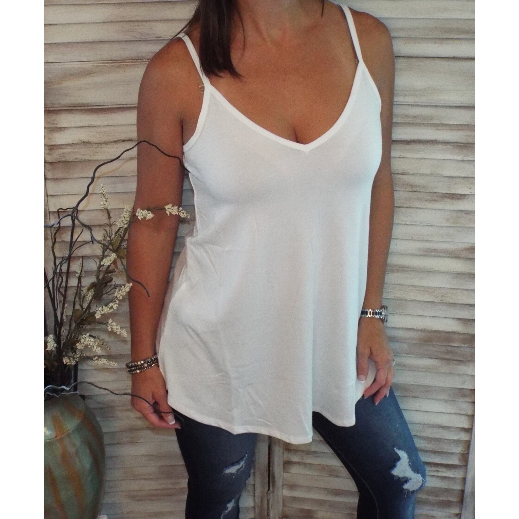 “Heat Wave” Reversible Front Back Low Scoop Or V-Neck Tank Shirt Top Ivory S/M/L/XL