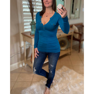 Sexy Deep V Neck Plunge Cleavage Military Henley Pocket Long Sleeve Top Teal